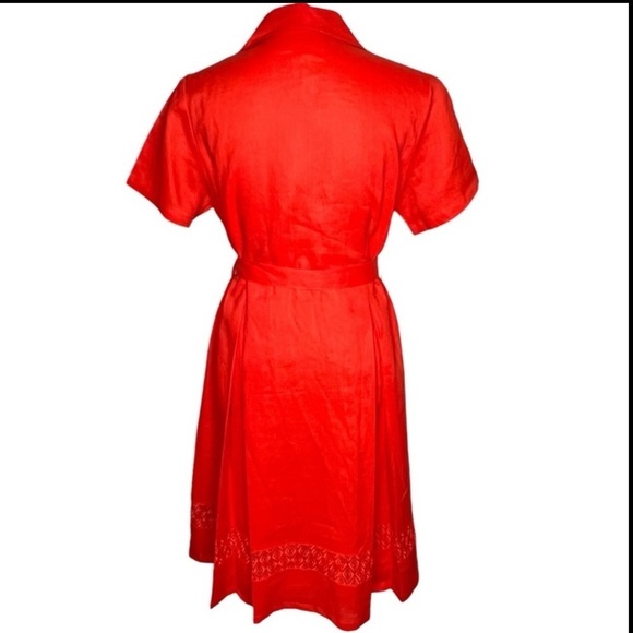 Lino USA Red Linen V-Neck Button Down Short Sleeve Belted Midi Shirt Dress Sz S - Picture 2 of 16